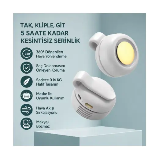 Azurtech Şarjlı Mini Giyilebilir Bel Klipsli Taşınabilir Fan - 360° Hava Akışı, Usb-C Şarjlı, Hafif ve Sessiz Kişisel Soğutucu
