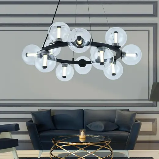 Apliqa Neval 12'li Yuvarlak Siyah 13 Watt Gold Oturma Odası, Salon Sarkıt Avize