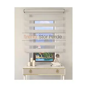 Trend Stor Perde Geniş Plise Beyaz Etek Dilimsiz Zebra Stor Güneşlik Perde 100x260 cm
