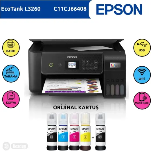 Epson L3260 Wi-Fi Renkli Çok Fonksiyonlu Tanklı Yazıcı, Tarayıcı, Fotokopi, EcoTank Sistemi