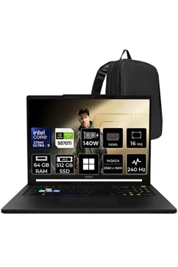 Raider 16 HX Core Ultra 9 275HX RTX 5070 Ti 12GB 140W 64GB RAM 512GB SSD 16" QHD+ 240Hz Win11 Pro B2WH091TRP458 Gaming Laptop + PER4 Çanta