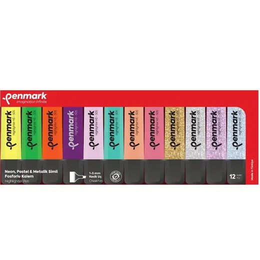 Penmark Fosforlu Kalem 12 li Renk 4 Neon +4 Pastel +4 Simli Blisterli Set