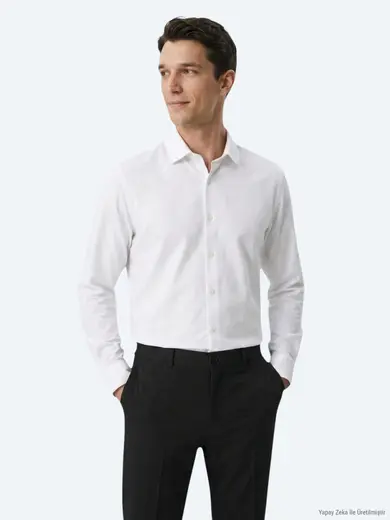 Beyaz Düz Regular Fit Uzun Dokuma Casual Pamuk Karışımlı Gömlek