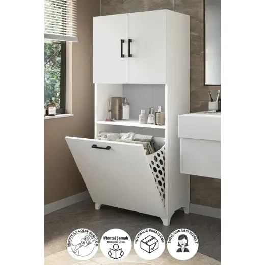 Bofigo Damla Çamaşır Sepetli Çok Amaçlı Banyo Dolabı Beyaz