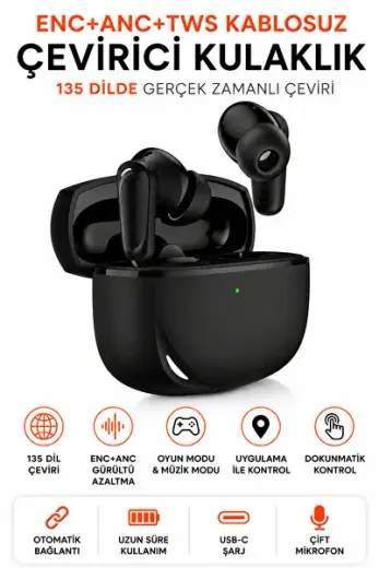 AI Çeviri Destekli Kablosuz Kulaklık, ANC + ENC + TWS Bluetooth 6.0 Kulak İçi Earbuds, IPX4, Oyun Modu, Müzik Modu, Çift Mikrofon, USB-C Şarj, Dokunmatik Kontrol, Siri ve Google Asistan Destekli