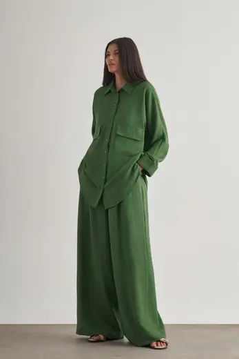 Mizalle Keten Dokulu Beli Lastikli Haki Bol Kesim Pantolon