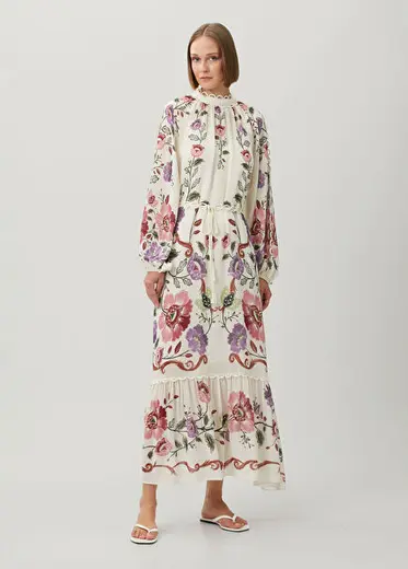 Rococo Flowers Krem Maksi Elbise
