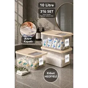Meleni Home 3'lü Deterjan Saklama Kutusu - Sürgü Kapak Banyo Düzenleyici Tablet Toz Deterjan Kabı 10lt Bej