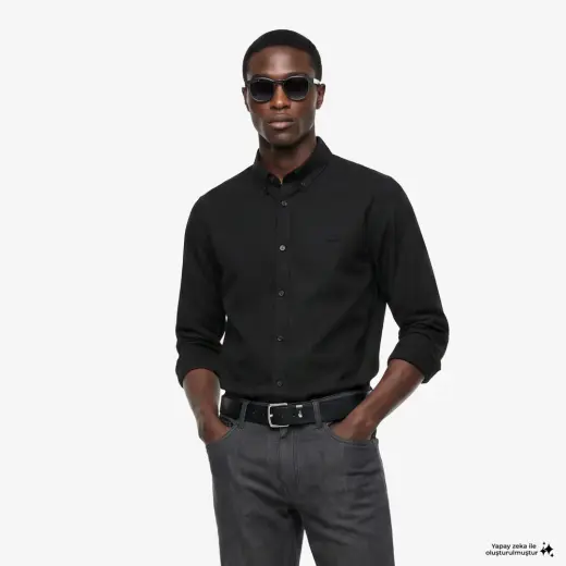 Erkek Slim Fit Düğmeli Yaka Siyah Gömlek