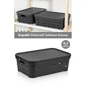 Meleni Home Kapaklı Delikli Dekoratif Piramit Saklama Kutusu - Dolap İçi Düzenleyici Organizer 8,2 Lt Antrasit