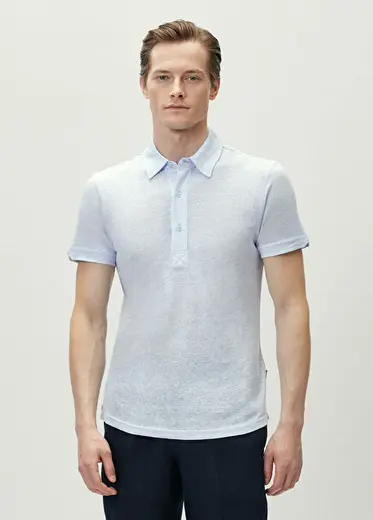 Sebastian Açık Mavi Tailored Fit Keten Polo T-shir