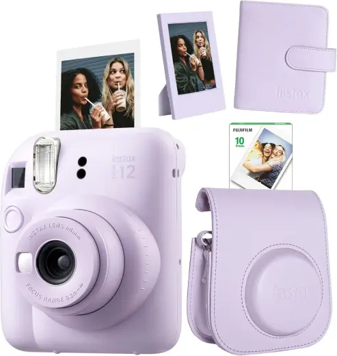 Instax mini 12 Lila Fotoğraf Makinesi-10'lu Film-Çerçeve-Kare Albüm ve Deri Kılıf Seti