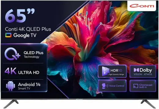 Conti 65” 4K QLED Plus Google TV (CT65OG300U), HDR10, Dolby Vision Atmos, Çerçevesiz, Dahili Uydu Alıcı, Wi-Fi, Bluetooth, 3x HDMI, Android 14 Smart TV