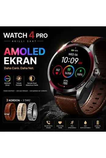 Watch 4 Pro AMOLED Akıllı Saat Bluetooth Arama Nabız Ölçer IP67 3 Kordon Smart Watch