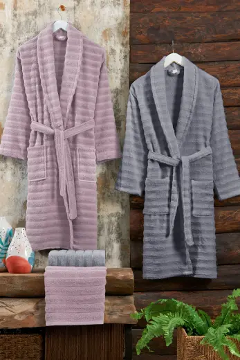 Elart Soft Bornoz Aile Seti Hamam Seti 4 Parça 70x135 Cm Gülkurusu-gri Gülkurusu