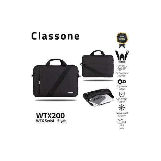 Classone WTX200 Wtxpro Serisi 15.6 Inch Uyumlu Su Geçirmez Kumaş Macbook, Laptop , Notebook El Çantası- Siyah