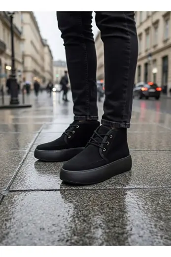 Bağcıklı İçi Kürklü Erkek Sneaker Bot SİYAH SÜET (SİYAH TABAN)