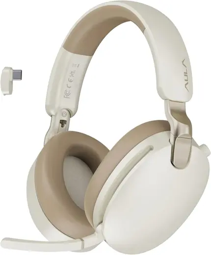 Aula A500 Hybrid ANC 2.4GHz Kablosuz ve Bluetooth 5.4 AUX Mikrofonlu Kulak üstü Kulaklık Bej