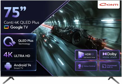 Conti 75” 4K QLED Plus Google TV (CT75OG300U), HDR10, Dolby Vision Atmos, Çerçevesiz Tasarım, Dahili Uydu Alıcı, Wi-Fi, Bluetooth, 3x HDMI, Android 14 Smart TV