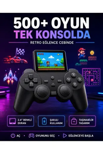 Çocuklar ve Yetişkinler İçin Uygun 500 Oyunlu Taşınabilir Mini Retro El Konsolu - Lisinya