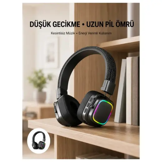 Renas Store Bluetooth 5.3 Rainbow Işıklı Kulak Üstü Kablosuz Kulaklık Yeni Nesil