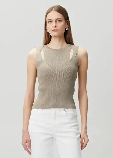 Bej Simli Cut Out Detaylı Bluz