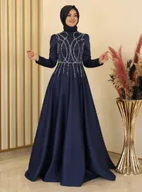 Zen Saten Tesettür Abiye Elbise - Lacivert - Fashion Showcase Design