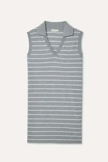 Kadın Gri Çizgili Polo Yaka Kolsuz Mini Elbise