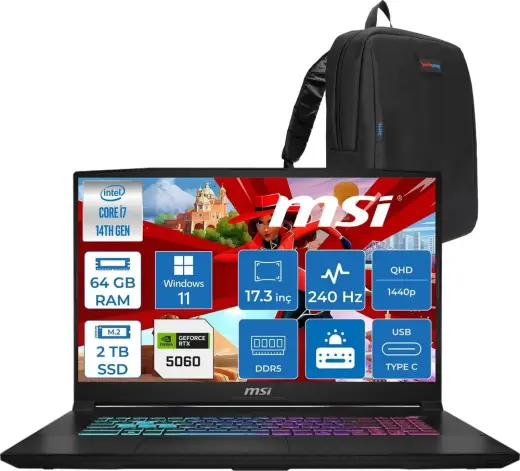 MSI Katana 17 Hx Intel Core I7 14650HX 64GB Ddr5 2tb SSD Windows 11 Home RTX5060 8gb Gddr7 115W 17 Inç 2k QHD(2560X1440) 240HZ Gaming Laptop B14WFK216XTRH29 + Zetta Çanta