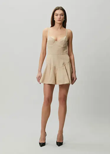 Bej Mini Denim Elbise