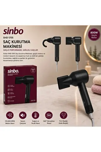 Siyah Saç Kurutma Makinesi 110.000 Rpm Sessiz Çalışma - 3 Hız - Sıcaklık Ayar Shd-1755 Bx40