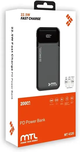 MTL 20000 mAh 22.5W Turbo Şarj Dahili Kablolu Dijital Led Göstergeli PD ve QC 3.0 Powerbank MT4320 Siyah ile uyumlu