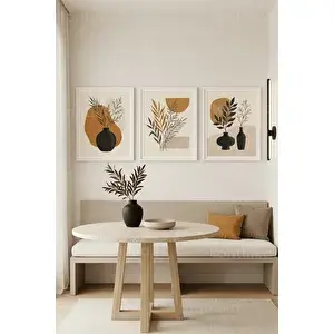 Tontilika Modern Botanik Duvar Sanatı 3’lü Ahşap Çerçeveli Tablo Seti 50 x 70 cm