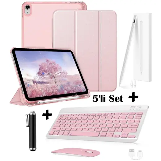 M.TK Moveteck Apple iPad 11 (A16) 2025 10. Nesil 10.9 Uyumlu Smart Flip Kılıf + Bluetoothlu Klavye + Mause + Dokunmatik Kalem Avuç Içi Red Özellikli 5'li Set