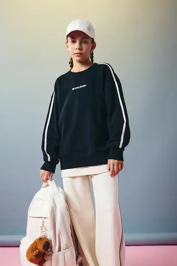 Oversize Geniş Kalıp Bisiklet Yaka Baskılı Sweatshirt Kız Çocuk