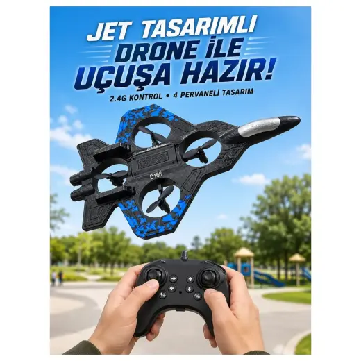 Masa Dostu Jet Tasarımlı Uzaktan Kumandalı Drone 4 Pervaneli 2.4g 360 Derece Takla LED Işıklı Uçak Tdms-