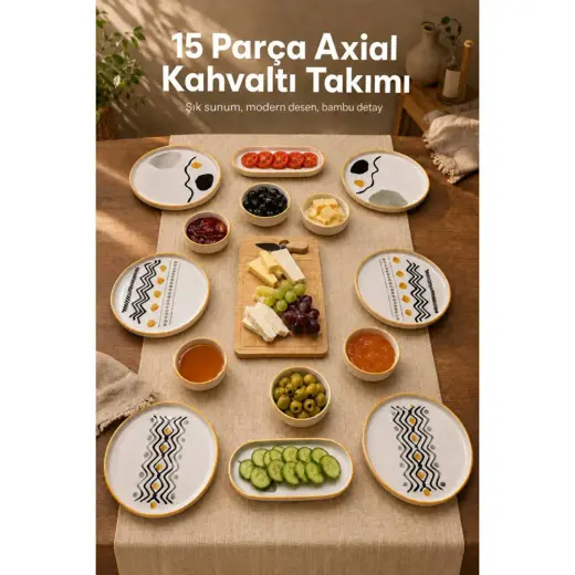 Vienev 15 Parça Bambu Sunumluklu Axial Kahvaltı Takımı Seti