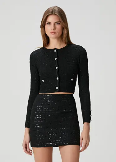 Siyah Crop Tweed Hırka