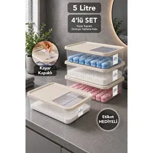 Meleni Home 4'lü Deterjan Saklama Kutusu - Sürgülü Kapak Banyo Organizer Toz Tablet Deterjan Kabı 5lt Bej
