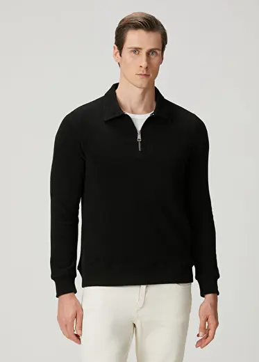 St. Moritz Siyah Polo Yaka Yarım Fermuarlı Erkek Sweatshirt