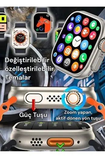 KOPYA - Watch 8 T800 Ultra 49mm 1.99inç Türkçe Tüm Telfonlarla Uyumlu Siyah Kasa Akıllı Saat