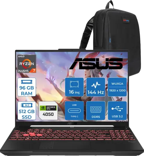 Asus Tuf Gaming A16 (FA607NUG-GAMING) Amd Ryzen™ 7 7445HS 96GB Ddr5 512GB SSD RTX4050/6GB 140W 16-Inch, Fhd+ 16:10 (1920 x 1200, Wuxga) 144Hz IPS Freedos Taşınabilir Bilgisayar RL125F32+ZETTAÇANTA