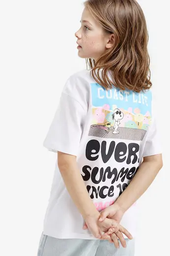 %100 Pamuk Snoopy Oversize Geniş Kalıp Bisiklet Yaka Sırt Baskılı Kısa Kollu Tişört Kız Çocuk