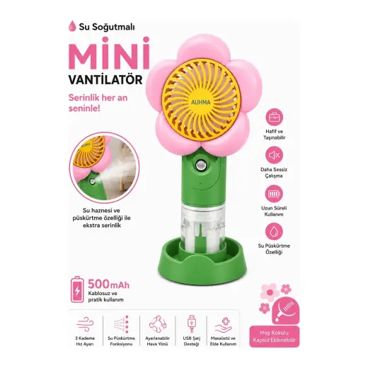 vooka Su Soğutmalı Mini Vantilatör | Type-C Şarjlı 3 Kademe Sessiz Püskürtmeli Masaüstü Fan