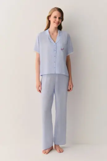 Mavi Çizgi Baskılı Jolly Gömlek Yaka Pijama Takımı