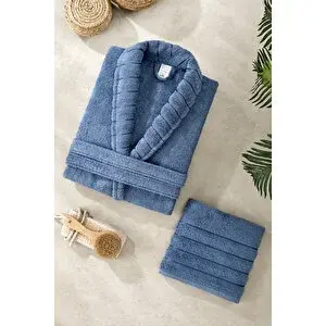 Mira Home Soft Elegance Banyo Tek Kişilik Bornoz Takımı %100 Pamuklu Mavi-l-xl L/XL