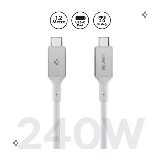Spigen USB-C to USB-C 1.2 Metre Kablo 240W Güç / PPS 2.0 Super Hızlı Şarj / 40Gbps (E-Marker Çip) Data / 8K Görüntü Aktarım / USB4 Gen3 Type-C Ekstra Dayanıklı Beyaz - ACA08776 (Spigen TR Garantili)