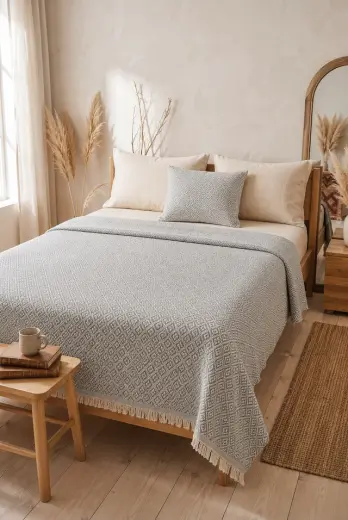 Lunga Vita Dokuma Pike Çiftkişilik 200x220 Çok Amaçlı Bohem Yatak Örtüsü Gri