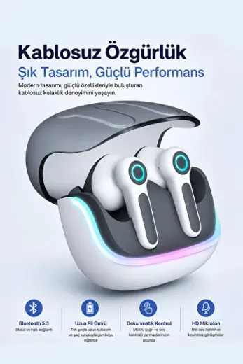Bluetooth 5.3 Oyuncu Kablosuz Kulaklık TWS, 4 Mikrofonlu ENC Gürültü Engelleme,45ms Düşük Gecikme IPX5 Suya Dayanıklı, RGB LED Şarj Kutulu 60 Saat Pil Ömrü