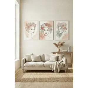 Tontilika Minimalist Çiçekli Kadın Portreleri 3’lü Ahşap Çerçeveli Tablo Seti 50 x 70 cm